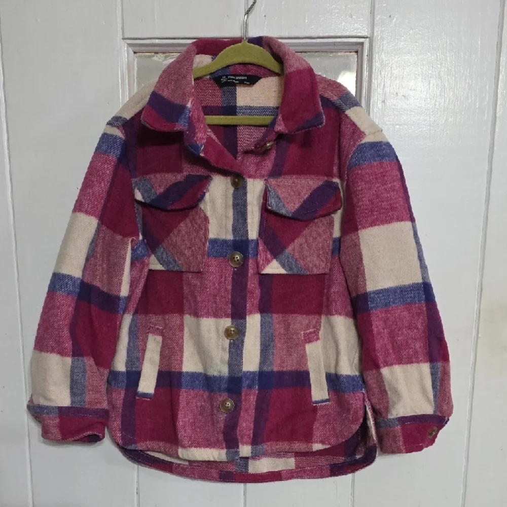 Members Mark Girls Plaid Shacket Jacket Fuschia Blue Fuzzy Pockets Sz XS(4-5)EUC